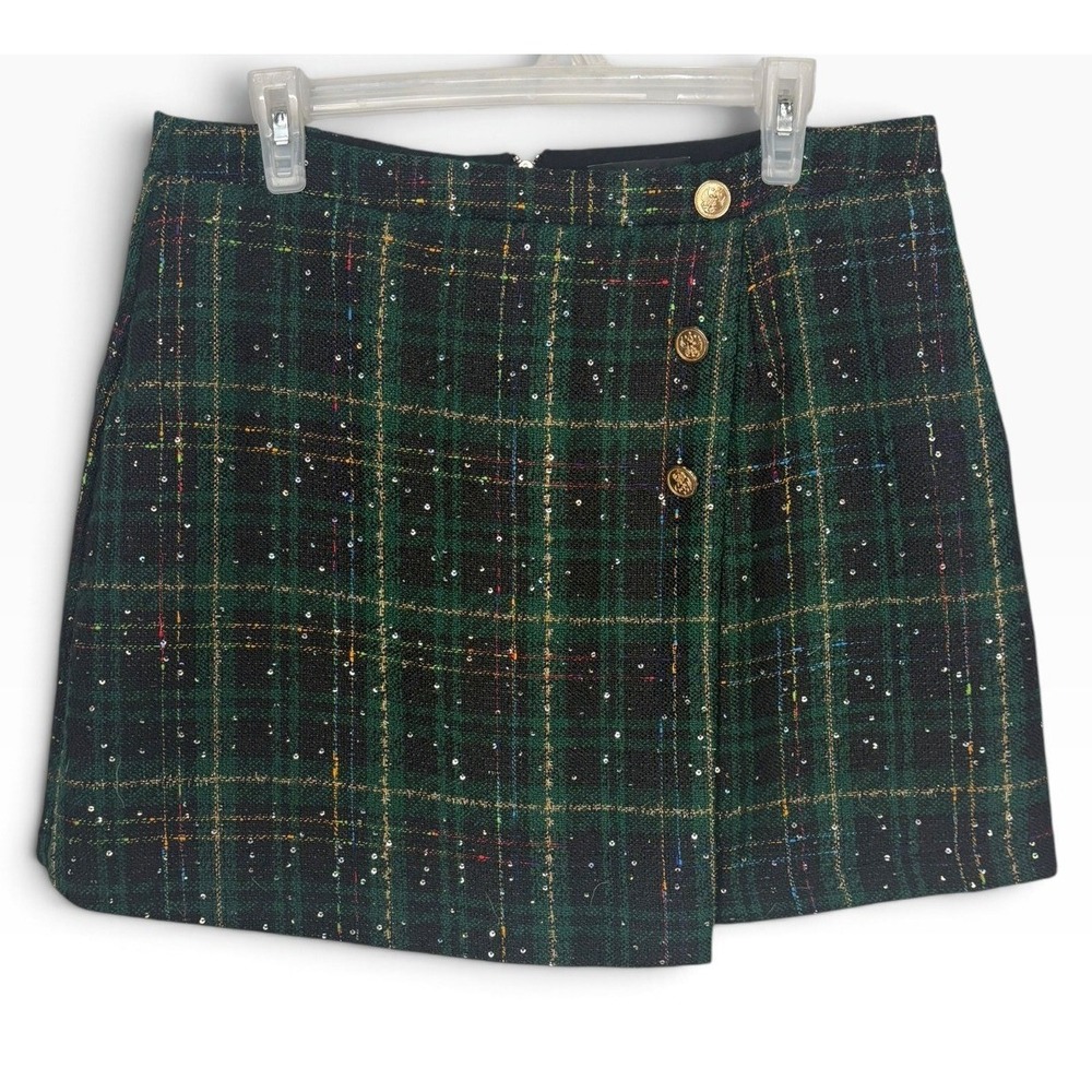 Lulus Adorably Posh Green Plaid Tweed Faux Wrap Mini Skirt Sequin Gold Button